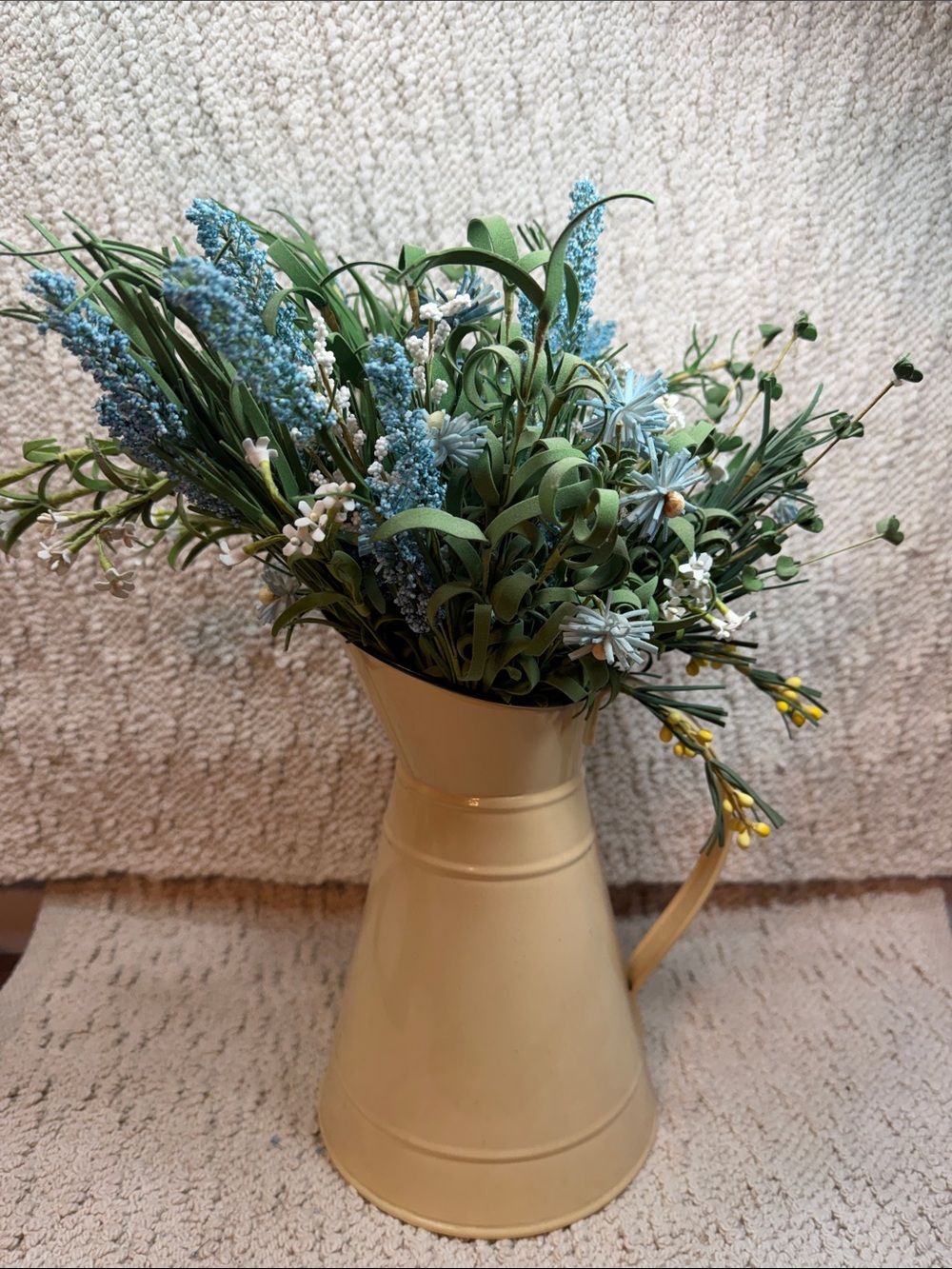 Cream Metal Pitcher Vase with Blue and Green Floral Arrangement
